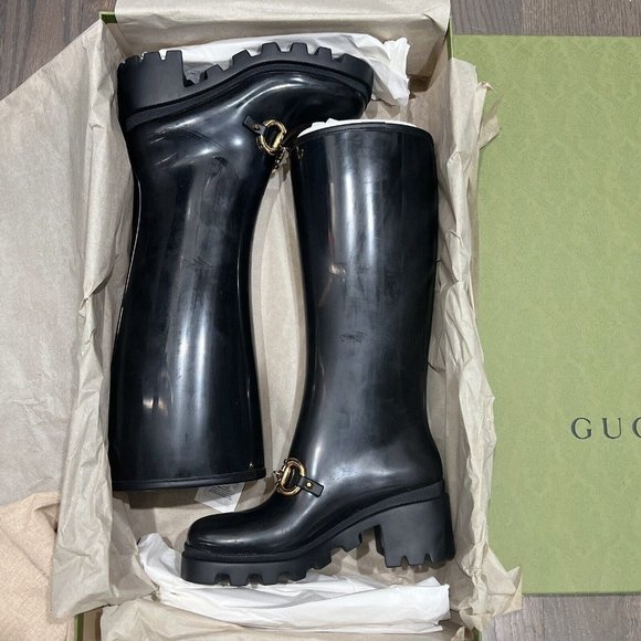 Gucci Horsebit Trip Lug Platform Heel Knee High Waterproof Rain Boot Black EU 37 - Picture 2 of 16